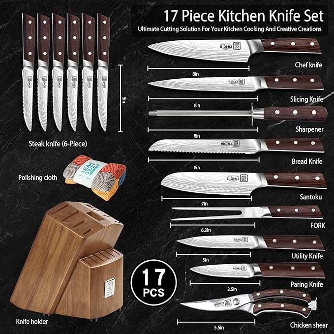 17-Piece Knife Block Set BIDMLI- Wooden Sharpener & Chicken bone Shears, high carbon stainless steel blades, Ergonomic Hardwood Handle,for Home, Restaurant, Professional Chef.