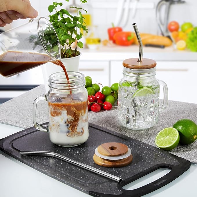 DRASTAR Iced Coffee Cup, 16 oz Mason Jar Cups with Handle, Small Glass Coffee Mugs with Straws and Acacia Lids, Drinking Glass Cups Set of 2, Smoothie, Overnight Oats Containers