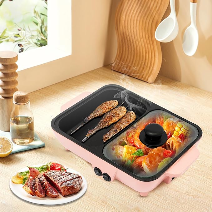Hot Pot Electric with Grill 2 in 1 Indoor Non-Stick Shabu Pot and Frying Pan 1200W Portable Dual Temperature Control Fast Heating for BBQ, Steaks (Pink)