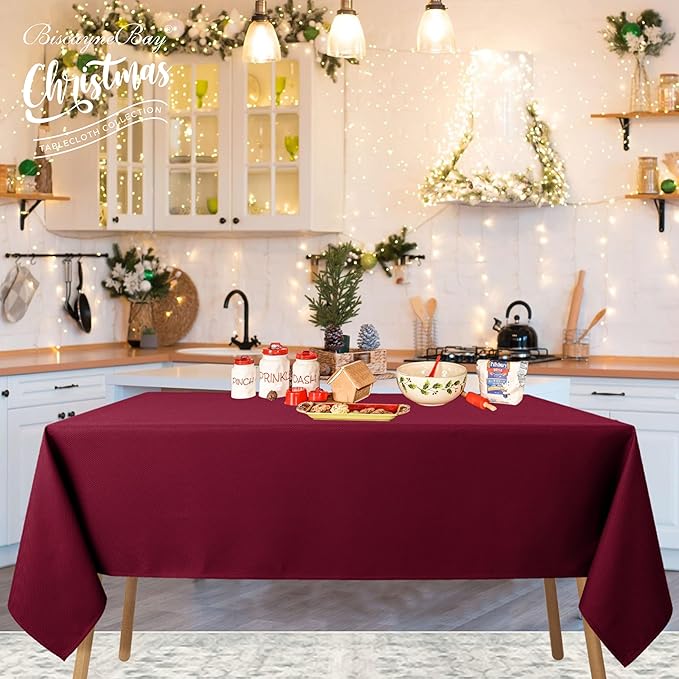 Biscaynebay Textured Fabric Christmas Rectangle Tablecloths 60x84 Inches, Burgundy Water Resistant Tablecloths for Dining, Kitchen, Wedding, Parties etc. Machine Washable