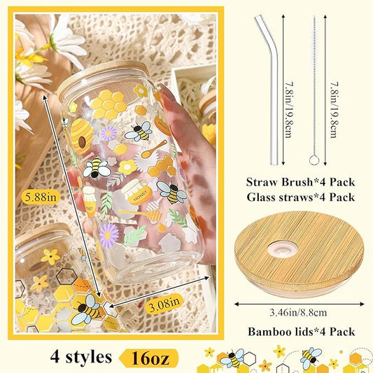 Mumufy 4 Pcs Glass Cup with Bamboo Lid & Straw, 16 oz Iced Coffee Tumbler Set of 4, Honey Bee Floral Glass Cups, Reusable Clear Drinking Glasses for Iced Coffee, Tea, Smoothies, Gift for Women