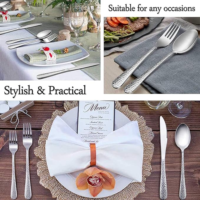 E-far Stainless Steel Teaspoons Set of 12, Modern Hammered Silverware Flatware Dessert Spoons for Home, Kitchen, Restaurant, Round Edge & Mirror Polished, Dishwasher Safe - 6.7 Inches
