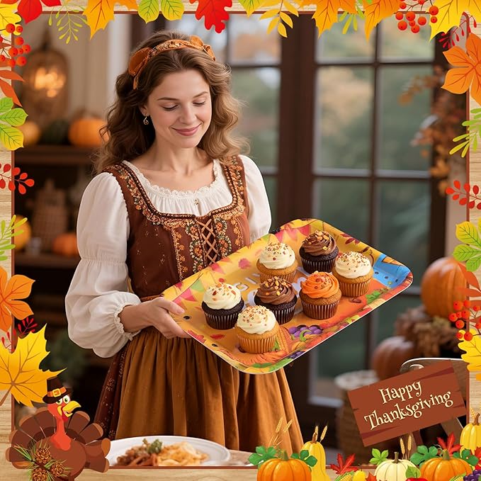 Vesici 4 Pack Thanksgiving Melamine Serving Trays, 13 x 10 Inch Rectangular Autumn Platters with Turkey & Harvest Designs, Durable Serving Plates for Holiday Buffet, Friendsgiving, Snacks & Appetizers
