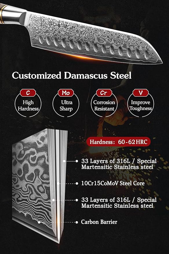HEZHEN 7” Santoku knife, Damascus Steel Chef Knife, Asian Kitchen Knife Japanese Style, Figured Sycamore Wood Handle
