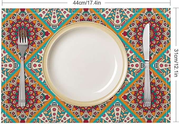 Boho Mandala Placemats Set of 4 Mexican Ethnic Traditional Pattern with Geometric Plaids Abstract Flower for Restaurant Home Kitchen Holiday Picnic Party Decor 12x18in