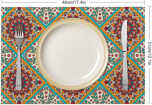 Boho Mandala Placemats Set of 4 Mexican Ethnic Traditional Pattern with Geometric Plaids Abstract Flower for Restaurant Home Kitchen Holiday Picnic Party Decor 12x18in