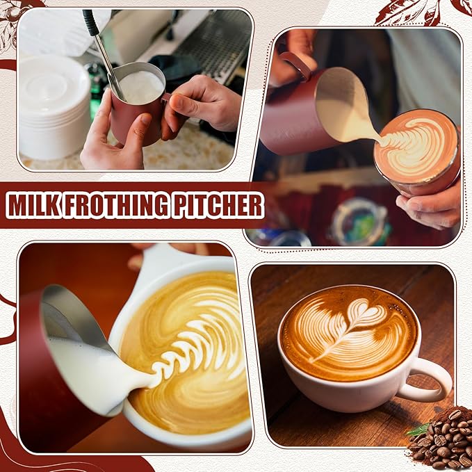 Maxdot 3 Pack Milk Frothing Pitcher 12 Oz, 20 and 30 oz Milk Frother Cup Stainless Steel Espresso Steaming Pitcher with Scale Frother Jug with Art Pen for Cappuccino Coffee Latte Art (Claret)