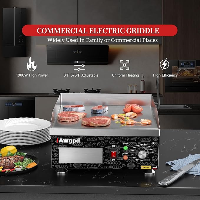 Electric Griddle,1800W 14 Inch Flat Top Grill Commercial Electric Griddles,14 Inch Electric Countertop Griddles Stainless Steel Adjustable Temperature Control 90℉-575℉ for Home or Restaurant Use