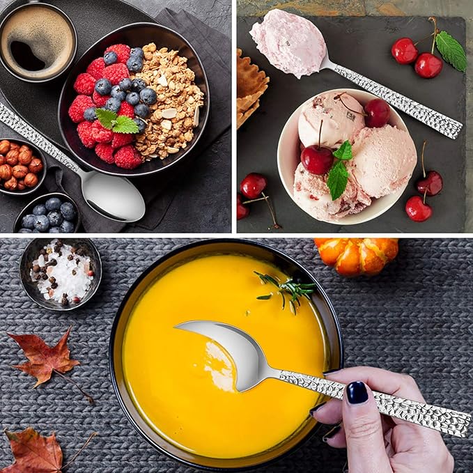E-far Hammered Dinner Spoons Set of 6, 7.9 Inch Stainless Steel Soup Spoons Tablespoons for Home, Kitchen or Restaurant, Non-toxic & Mirror Polished, Squared Edge & Dishwasher Safe