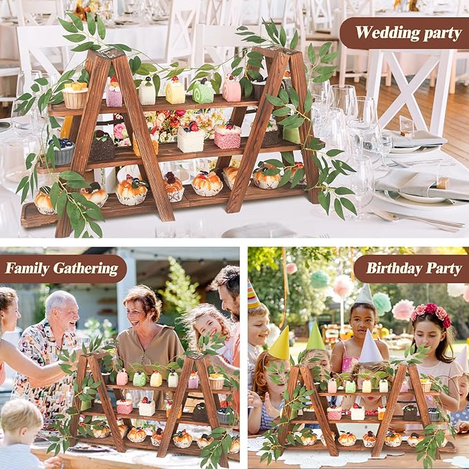 Wooden 3-Tier Cupcake Stand with Removable Trays & Vine Decoration — Foldable Party Display Serving Ladder with Platter for Cake, Snacks, Fruits, Chips, Bread