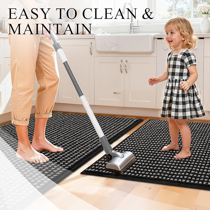 Kitchen Rugs,Non Slip Absorbent Kitchen Mats for Floor-Thick Stain Resistant Washable Kitchen Floor Mat Runner Carpet for Hallways,Entryway,Laundry Room,Sink(17"x29"+17"x59",Black,Roll Package)