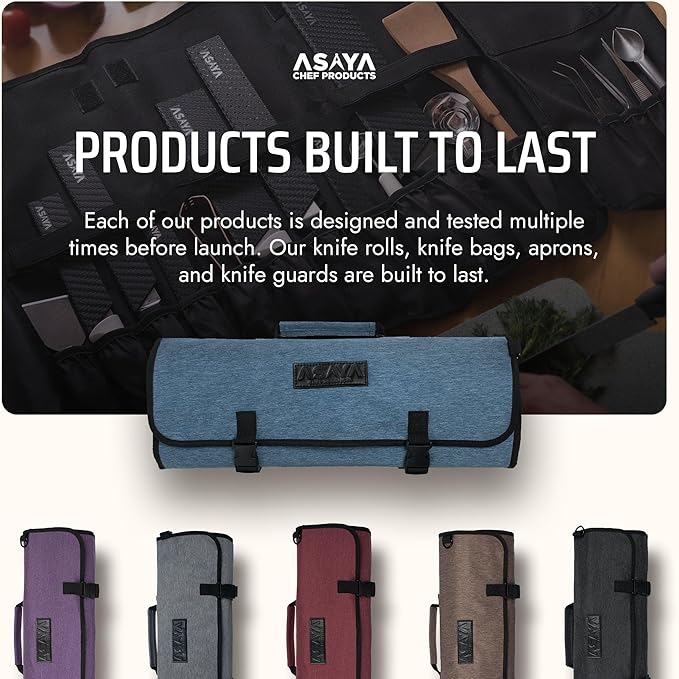 Asaya Chef Knife Roll Bag - 20 Total Pockets for Knives and Kitchen Utensils - Made with Stain Resistant Waxed Nylon - For Chefs and Culinary Students - Knives Not Included(Blue)