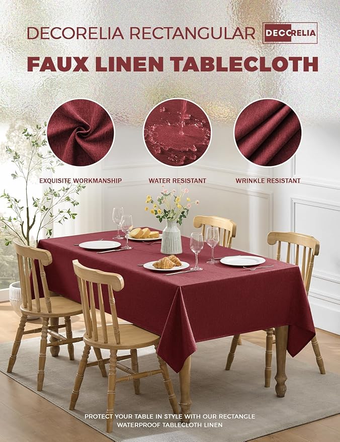 Faux Linen Farmhouse Table Cloth 60"x84" for 4-6 ft Rectangle Table, Burgundy Waterproof Outdoor Washable Cloth Tablecloth for Rectangular Dining Room Kitchen Outdoor Party Restaurant Table