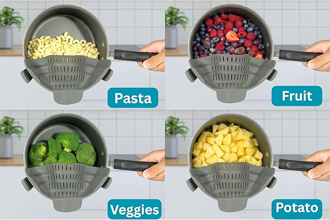 Clip on Strainer Silicone for All Pots and Pans, Colander, Pot Strainer for Pasta, Meat, Vegetables, Space Saving Design, Food-Safe with Collapsible Funnel, Garlic Peeler, 3 Pack (Gray)