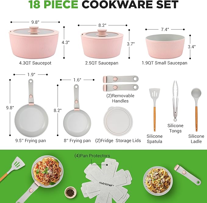 NutriChef 18-Piece Ceramic Cookware Set with Detachable Handles, Non Stick Pots and Pans, PTFE-Free Natural Ceramic Coating, Space-Saving Design, Oven & Stove Safe, Includes Utensils, Cream