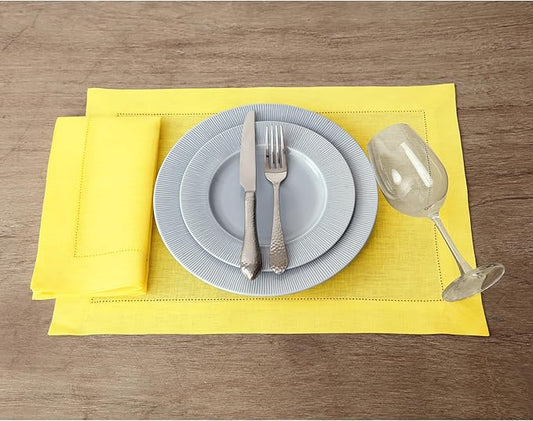 Solino Home Sunshine Yellow Linen Napkins Set of 4-100% Pure Linen Hemstitch Dinner Napkins 20 x 20 Inch for Spring, Easter - Classic Hemstitch