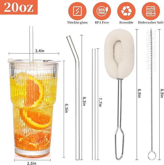 20 oz Ribbed Glass Tumblers With Lids and Straws,Clear Drinking Glasses Set of 4,Reusable Vintage Iced Coffee Cups,Leak Proof Thick Glass Cups for Juice,Cocktail,Smoothie,Beer,Boba