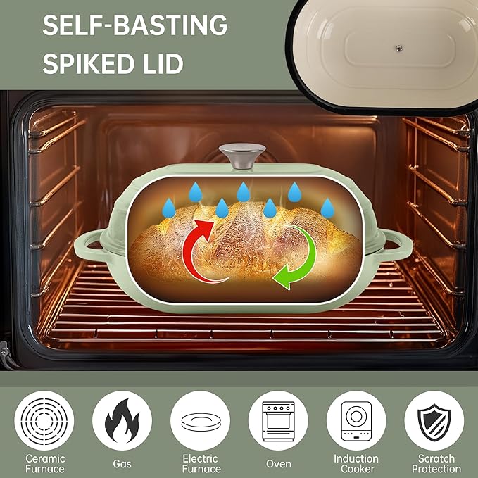 Fijxzct Premium Enameled Cast Iron Dutch Oven for Bread Baking | Non-Stick 5QT Oval Bread Oven with Lid | Perfect for Sourdough, Loaf, and Artisan Baking (Gradient Green, 5 QT)
