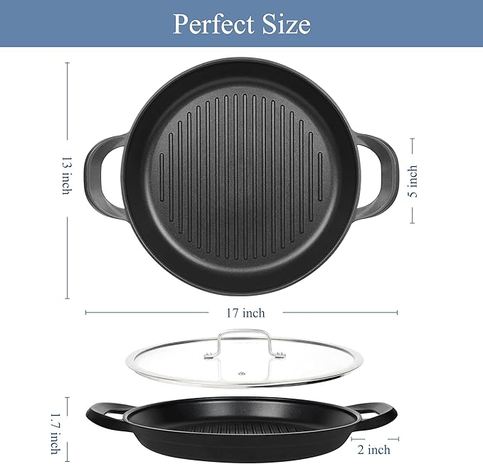 Vinchef Nonstick Grill Pan for Stove tops | 13.0" Skillet, Indoor Induction Cast-aluminum Grill Pan with Lid and Anti-Scalding Tools, GRANITEC Nonstick Coating, Dishwasher & Oven Safe