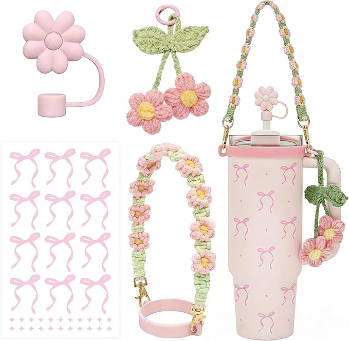 Stanley Cup Accessories Set for 40/30 oz Tumbler, Including Handle Strap, Silicone Straw Topper Cover, Ctue Charm, Original Bow Sticker, Cute Birthday Gifts for Women Her Mom Daughter