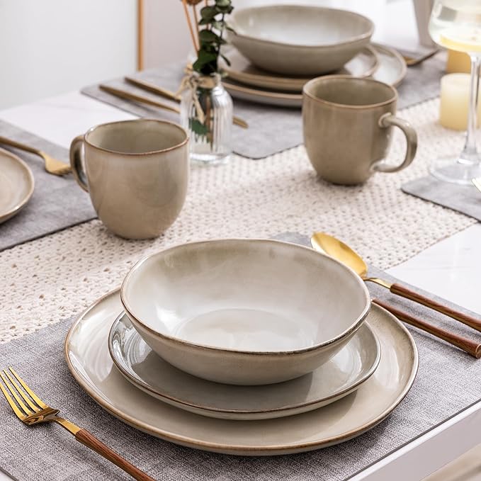 AmorArc Ceramic Dinnerware Sets,Handmade Reactive Glaze Stoneware Plates and Bowls Sets,Highly Chip and Crack Resistant | Dishwasher & Microwave Safe Dishes Set,Service for 4 (12pc)