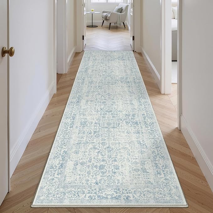 Blue Runner Rug 3x10 Hallway Machine Washable Kitchen Vintage Distressed Non Slip Long Carpet Indoor Retro Floral Bedroom Accent Throw Rug for Bathroom Office Laundry Dining Room