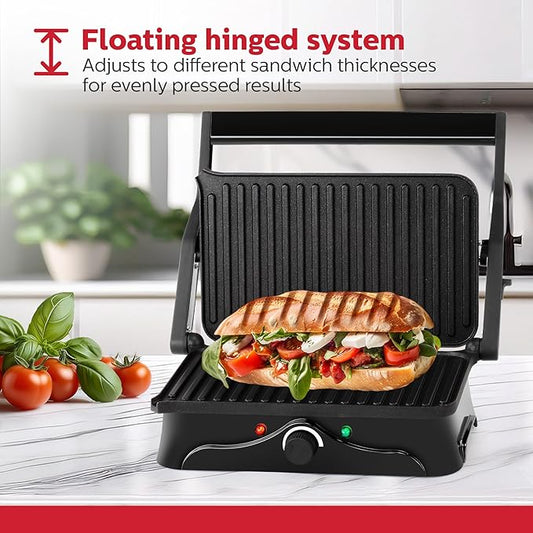 Holstein Housewares 2-Slice Panini Press and Grill - Black/Stainless Steel Sandwich Maker with Non-Stick Coating, Temperature Control, and Drip Tray - Opens 180 Degrees for Versatile Cooking