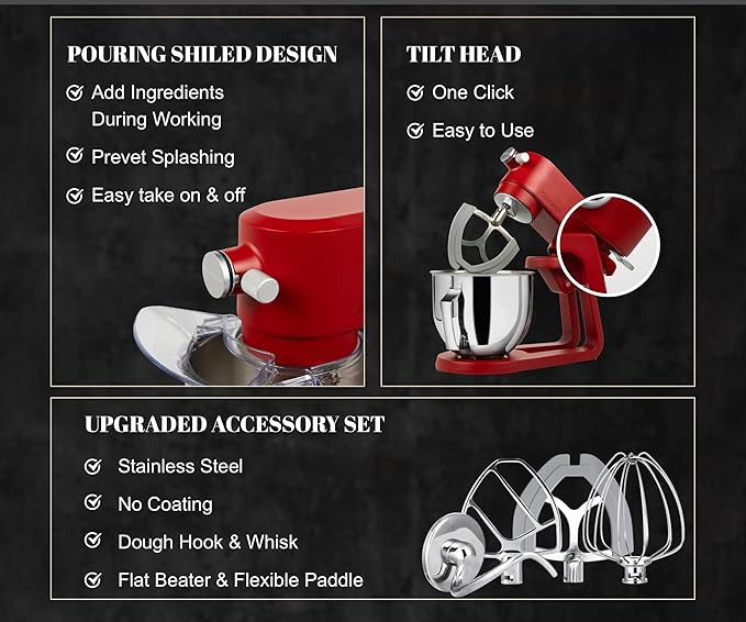 Kraftsman Stand Mixer Heavy Duty - All Metal Kitchen Standing Mixer 5.3 Quart with 4 Stainless Steel Attachments, DC Motor & Multifunctional Power Hub, 8-Speed & Timer, Lower Noise (Red)