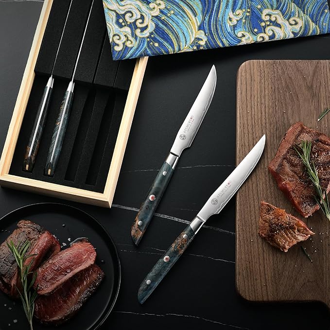 Steak Knives Set of 4, 5 inch Handcrafted Japanese VG10 Steel Kitchen Steak Knives, Non Serrated Meat Knife with Ergonomic Stabilized Wood Handle & Luxurious Wood Box, Cooking Gifts for Men Women