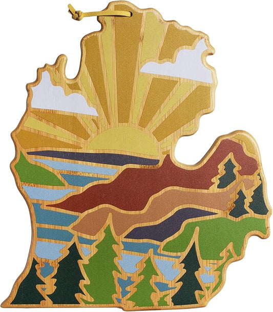 Totally Bamboo Michigan State Shaped Cutting Board and Charcuterie Serving Platter with Artwork by Summer Stokes, Includes Hang Tie for Wall Display Varies