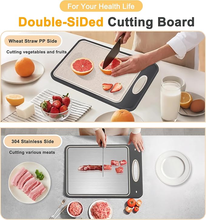 2Pack Stainless Steel Cutting Board,Double Sided Steel for kitchen Stainless Steel/Wheat Straw PP Cutting Board for meat, Large and Medium, Extra Pocekt Knife Sharpener