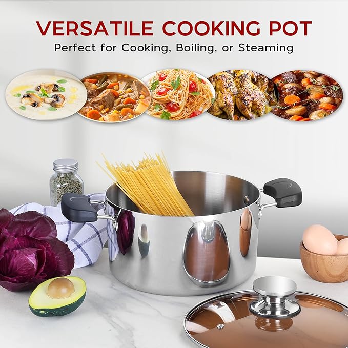 Onader 8 Quart Stock Soup Pot with Lid, 18/10 Stainless Steel Stockpot Tri-Ply Cooking Induction Pot with Stay-Cool Handles