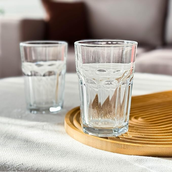 Drinking Glasses Set of 12, 12.5 oz Water Glasses – Durable Glassware for Juice, Milkshake, Coffee Glasses, Beer Glasses, Cocktail Tumblers, Heavy Base, Dishwasher Safe Kitchen & Party Use
