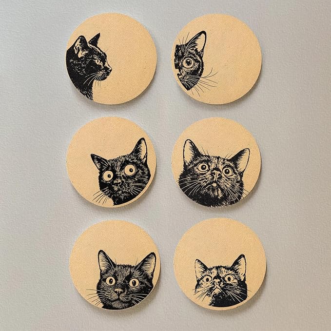 Coasters for Drinks with Holder Set of 6, Curious Cat Cork Coaster Absorbent for Office Desk Cat Table Coasters Kitchen Decor House Warming Gifts for New Home Couples, Round 4"