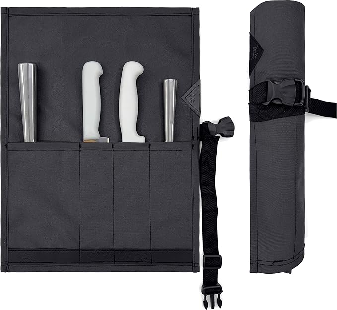 Under NY Sky Knife Roll Case - 4 Slots - Heavy Duty Oxford Canvas Pouch - Leather Reinforced - Portable Bag for Cooking Tools, Utensils, Cutlery Knives, Brushes - Chefs, Kitchen, Travel, Gift - Gray