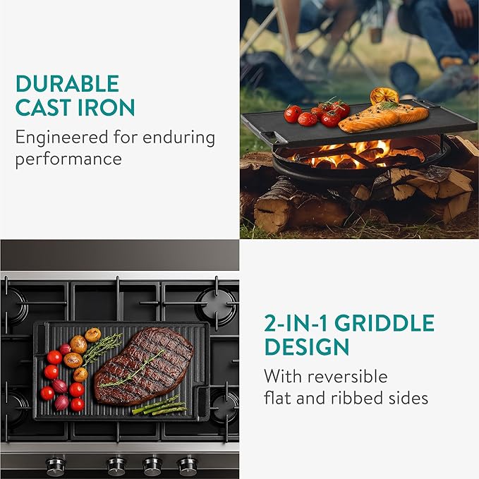 Navaris Reversible Cast Iron Grill/Griddle - 18.5" x 10.8"(47 x 27.5cm) Pre-Seasoned with Handles, Flat & Ribbed Rectangular Grill Plate, for Stove, Oven, Campfire, Heavy-Duty