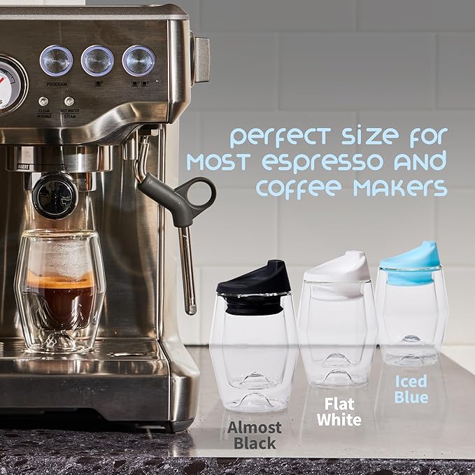 To-Go Espresso Glass Travel Mug with Lid, Reusable Double Wall Glass Tumbler, Fits Most Coffee Makers/Cupholders for Your Car, Gifts for Coffee Lovers, 2-Pack Iced Blue Cortado Cups
