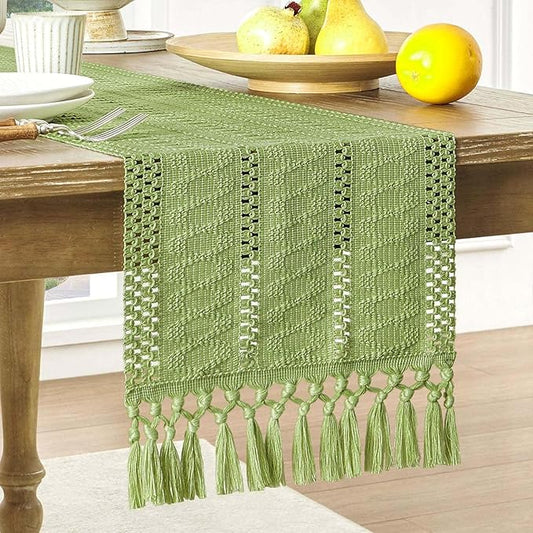 ZeeMart Macrame Style Boho Table Runner, Sage Green Table Runners 90 Inches Long, Farmhouse Woven Home Decor, 12x90 Inch, Green