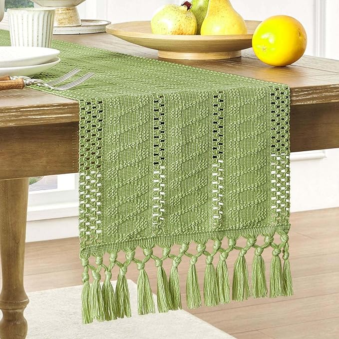 ZeeMart Macrame Style Boho Table Runner, Sage Green Table Runners 60 Inches Long, Farmhouse Woven Home Decor, 12x60 Inch, Green