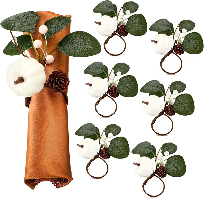 Set of 6 Thanksgiving Napkin Rings White Pumpkin Artificial Eucalyptus Ring Holder Thanksgiving Fall Pumpkin Napkin Holder for Wedding Gathering Dinner Table Decoration
