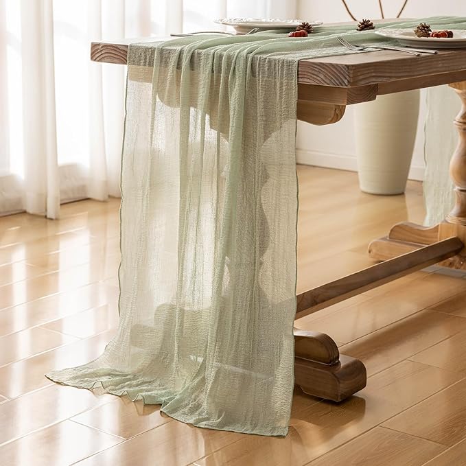 Keketoarrange 3pcs Sage Green Spring Easter Cheesecloth Table Runner 120 Inch 10 FT Rustic Boho Cheese Cloth Runner for Wedding Baby Shower Bridal Shower Sheer Gauze Centerpiece Home Decorations