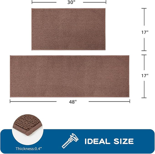 PURRUGS Machine Washable Kitchen Rug Set [2 PCS] (17" x 30"+ 17" x 48"), Non-Slip/Skid Kitchen Runner Rugs & Floor Mats, Super Absorbent Soft Area Rugs for Sink, Kitchen & Laundry, Brown