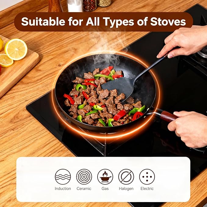 Calmabode Uncoated Carbon Steel Wok with Wooden Handle (13 Inch) - Traditional Chinese Stir Fry Pan for High Heat Cooking, Non-Toxic, Easy Cleanup, Induction & Stovetop Compatible with Hanging Loop