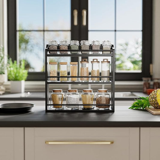 Bamboo Spice Rack Wall Mount or Tabletop Holder, 3-Tier Shelf for Seasoning Bottles Organizer, Medicine Holder (Black)