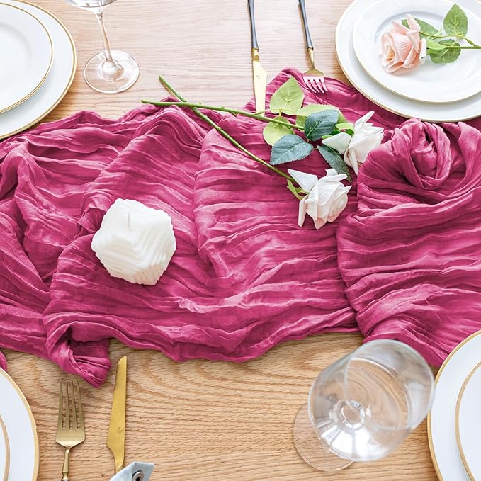 Wokceer Cheesecloth Table Runner 3Pack 10FT Deep Pink Boho Gauze Fall Thanksgiving Cheese Cloth Table Runner for Party Long Rustic Sheer Table Runners for Baby Bridal Shower Wedding Easter Table Decor
