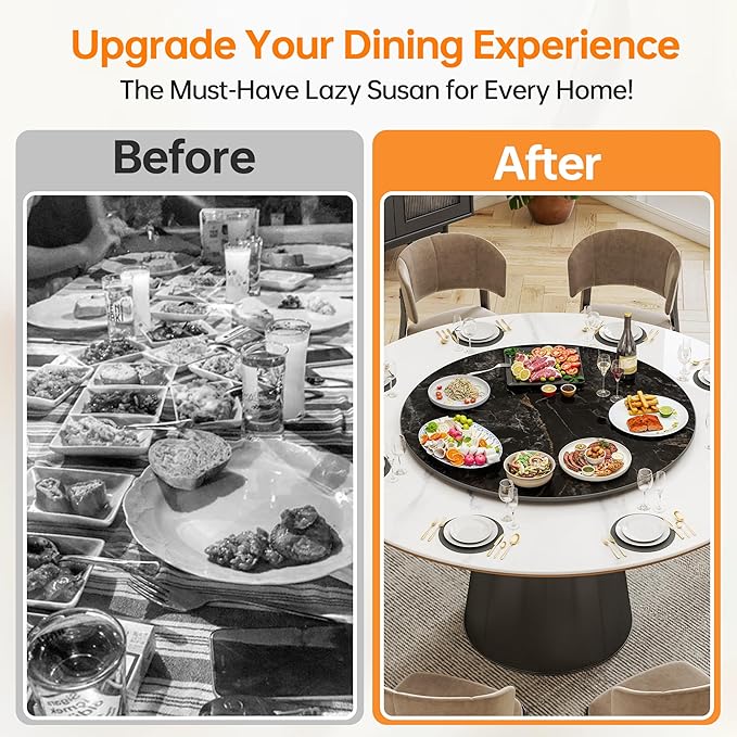 Lazy Susan Turntable 35.4 Inch-360°Silent Rotating Anti-Slip Serving Tray,Heavy Duty Centerpiece for Kitchen, Dining & Coffee Table-Glossy Black Modern Design with Non-Slip Base