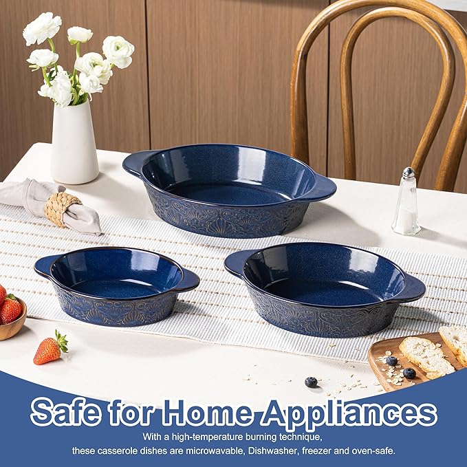Casserole Dishes for Oven Sets of 3, Ceramic Oval Baking Dish, Au Gratin Baking Pans with Handles for Roasting, Lasagna, Pie, Baking Meat & Vegetables (Blue)