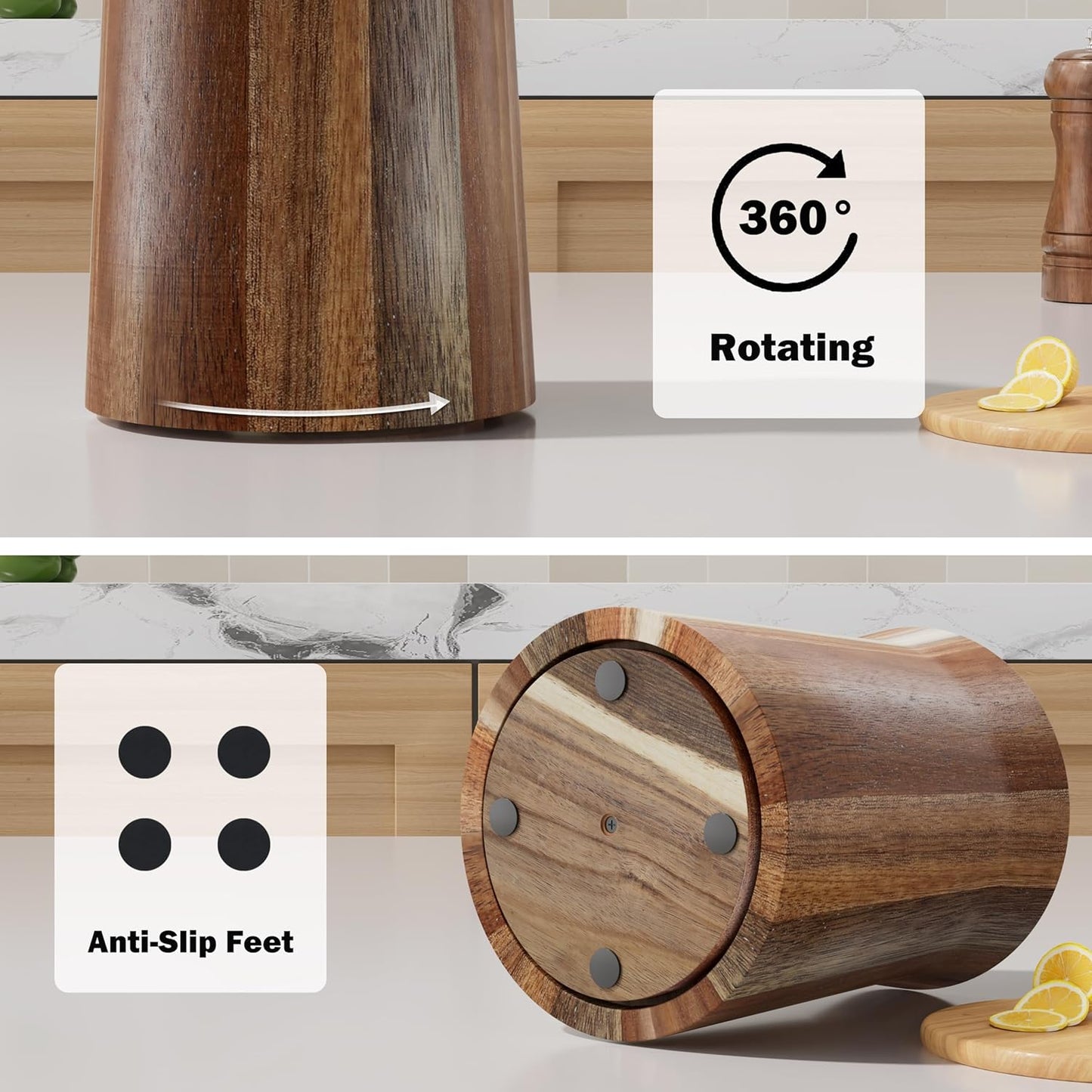 Utensil Holder, Acacia Wood Utensil Holder for Kitchen Counter, 360° Rotating Cooking Utensil Crocks for Countertop, 7.2" Large Utensil Organizer for Spatula Storage