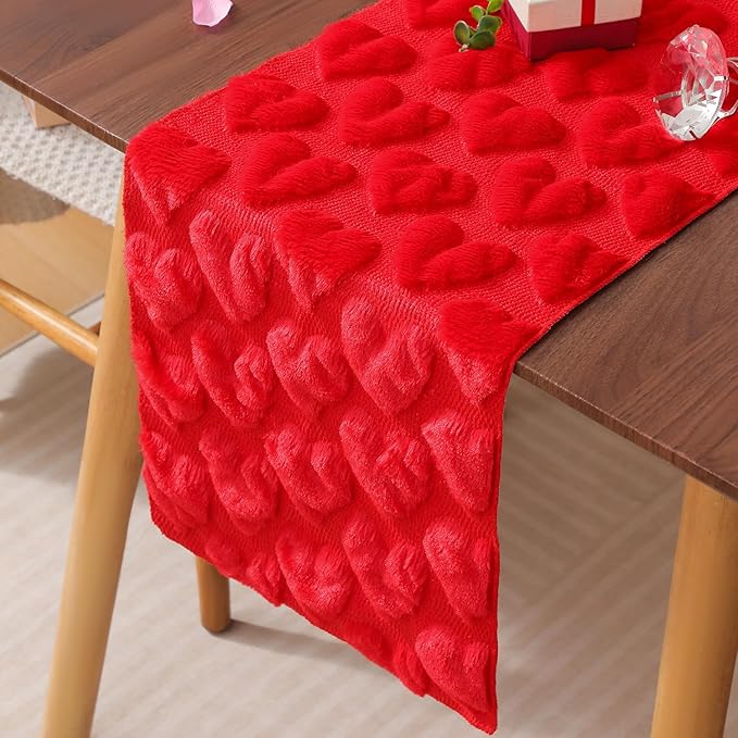 Table Runner 13x108 Inch for Valentine's Day, 3D Heart Shape Winter Holiday Decorative Farmhouse Table Decorations for Kitchen Dinning, Indoor Outdoor Dinner Party Decor (Red)