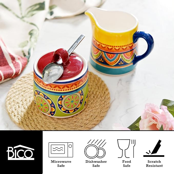 Bico Tunisian Ceramic Sugar and Creamer Set, Sugar Bowl with Lid, Cute Container for Coffee Bar, Kitchen Countertop Accessories, Microwave and Dishwasher Safe
